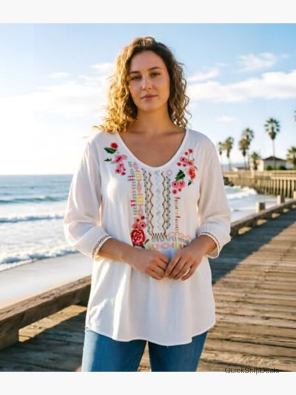 Women's Embroidered Tunic Bohemian Peasant Blouse 3/4 Sleeve Rayon - Picture 3 of 7